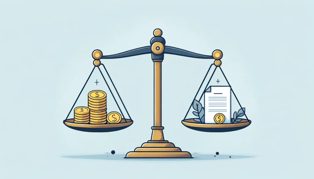 Ilustracja przedstawiająca wagę balansującą. Na jednej stronie znajdują się monety, a na drugiej dokumenty symbolizujące zarządzanie długami i umowy finansowe. Tło jest proste i czyste, podkreślając równowagę między finansami a dokumentacją.