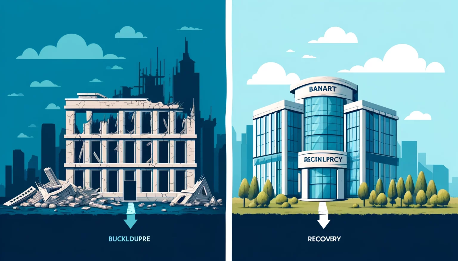 Ilustracja przedstawiająca dwa scenariusze firmy po upadłości. Po lewej stronie zrujnowany budynek firmy, symbolizujący finansowe załamanie. Po prawej stronie odbudowana firma z nową, stabilną strukturą finansową, symbolizująca odzyskanie stabilności. Tło jest podzielone, wyraźnie pokazując kontrast między dwoma scenariuszami.