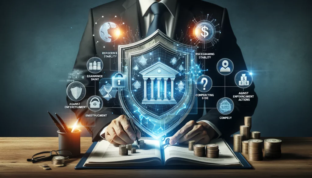 Ilustracja przedstawiająca firmę odzyskującą stabilność finansową poprzez restrukturyzację. Grafika pokazuje tarczę, symbolizującą ochronę przed działaniami egzekucyjnymi, wraz z dokumentami i symbolami finansowymi.