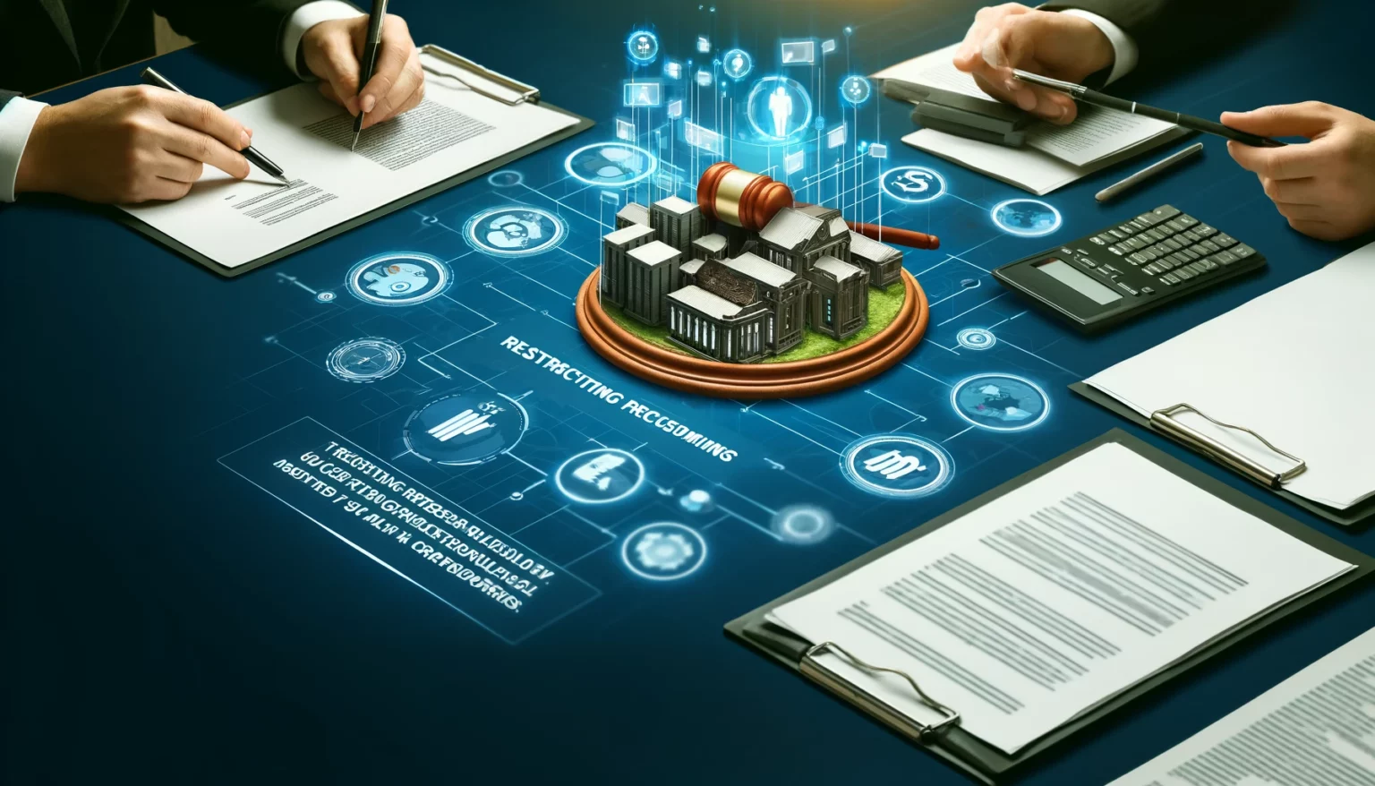 Ilustracja przedstawiająca postępowanie restrukturyzacyjne, ukazująca drogę przedsiębiorstwa do odzyskania płynności finansowej. Grafika zawiera elementy takie jak graficzne przedstawienie sądu, dokumenty i podpisy umów z wierzycielami.