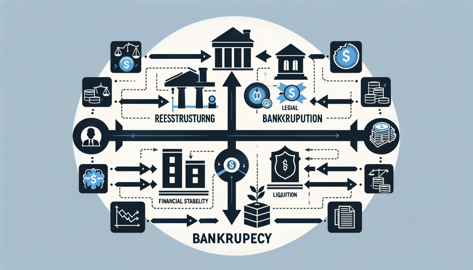 Infografika przedstawiająca korzyści z restrukturyzacji firmy, w tym ochronę przed wierzycielami, kontynuację działalności gospodarczej i poprawę płynności finansowej.